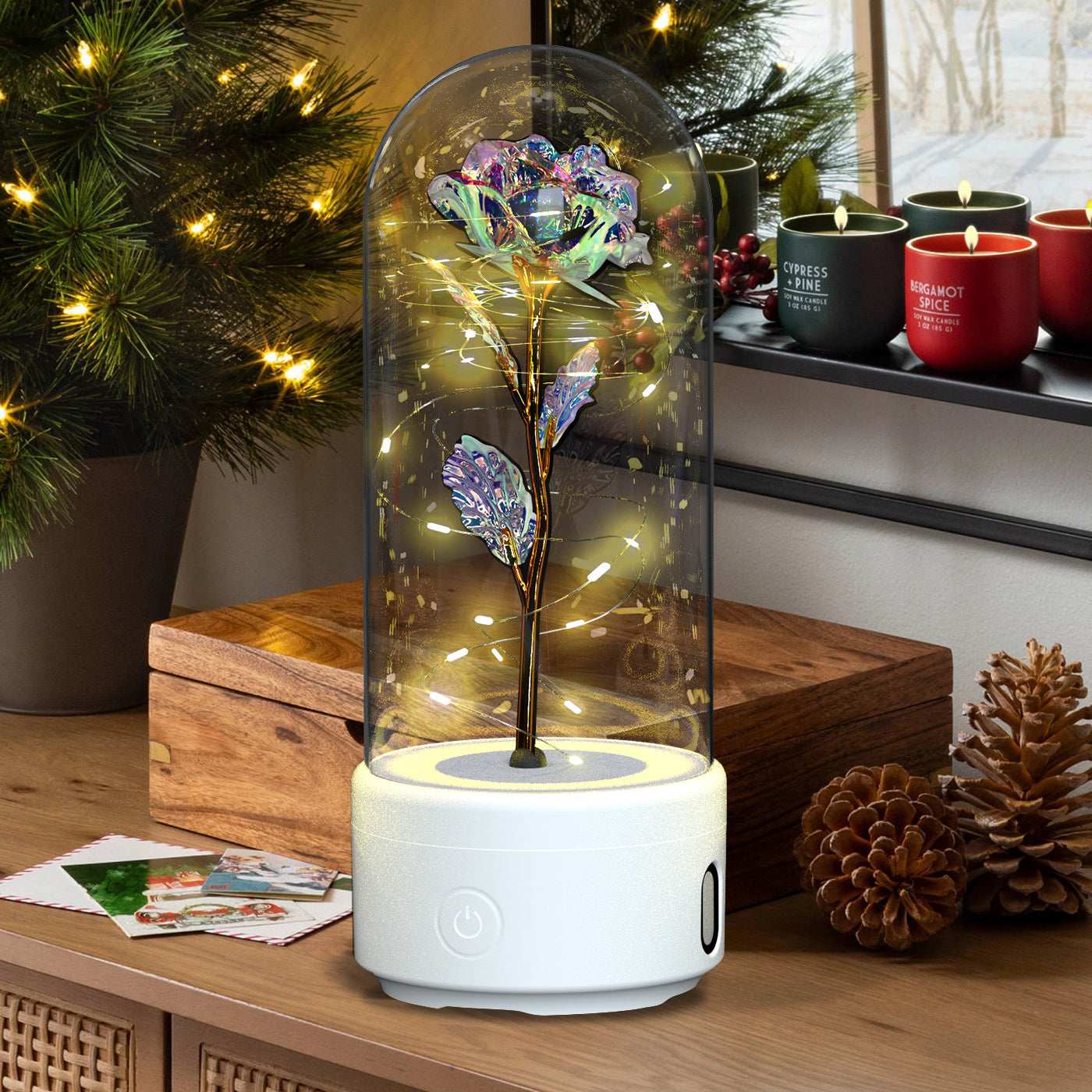 Bluetooth Link, 2-in-1 Bluetooth speaker rose bouquet, Creative 2 In 1 Rose Flowers LED Light, creative rose flowers, LED Strip light with glass lampshade creative romantic atmosphere, LED roses combined with metal engraved butterflies,