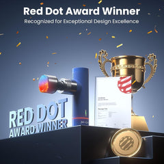 Red Dot Award winner's trophy and certificate on a blue background