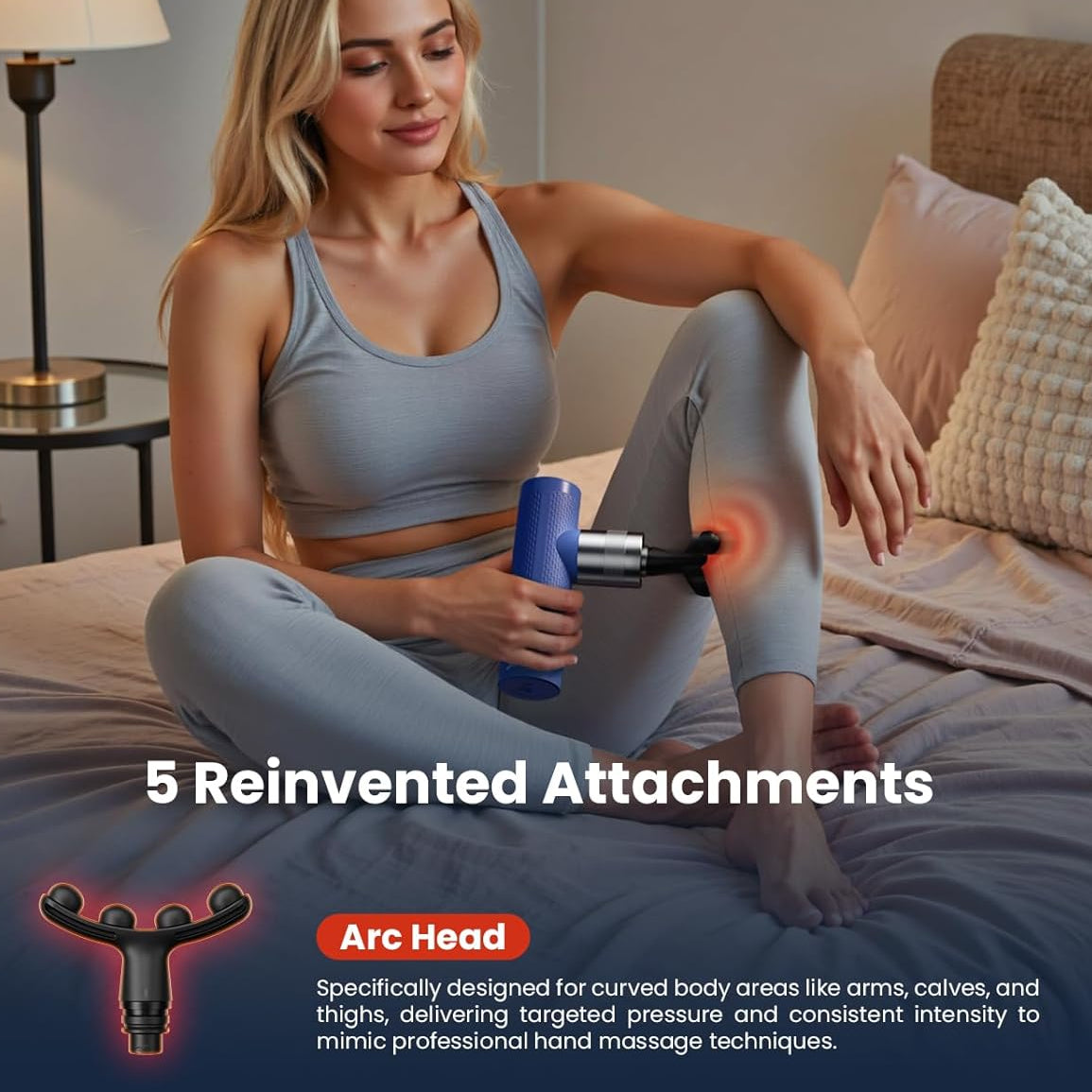 Woman using a massage gun on her leg with product features highlighted.