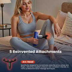 Woman using a massage gun on her leg with product features highlighted.