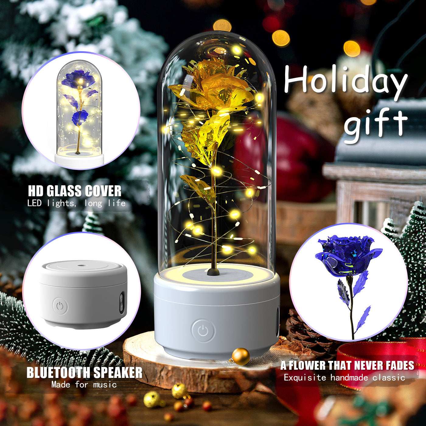 Bluetooth Link, 2-in-1 Bluetooth speaker rose bouquet, Creative 2 In 1 Rose Flowers LED Light, creative rose flowers,  LED Strip light with glass lampshade creative romantic atmosphere, LED roses combined with metal engraved butterflies, 